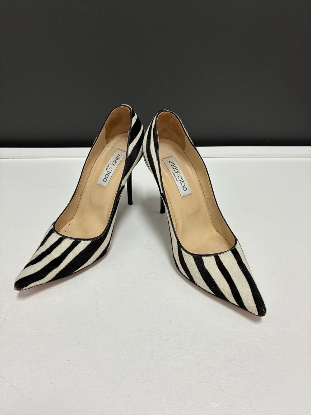 Jimmy Choo Black & White Zebra Stripe Pointed Stiletto Pony Print Pumps